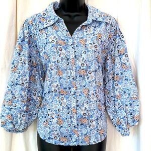 Free People Button Down Balloon Sleeve Floral Collared V-Neck Womens Sz S/P Top